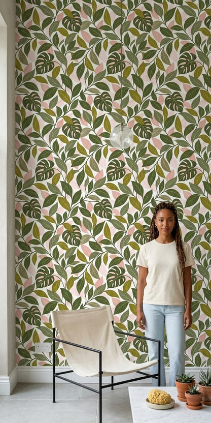 Monstera Leaves Wallpaper White Background Shades Of Green