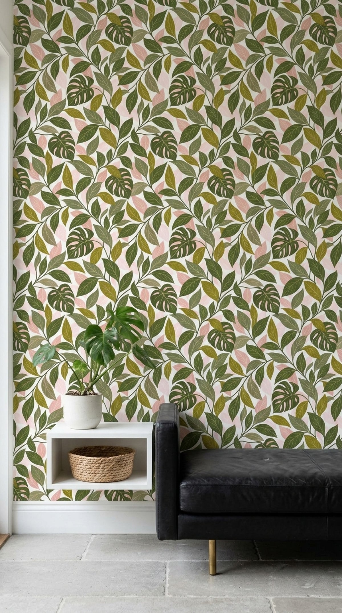 Monstera Leaves Wallpaper White Background Shades Of Green