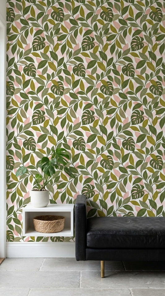 Monstera Leaves Wallpaper White Background Shades Of Green