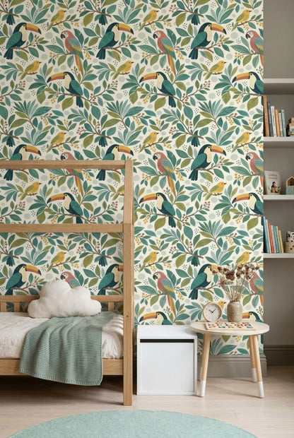 Tropical Birds Wallpaper Toucan Leaf Pattern