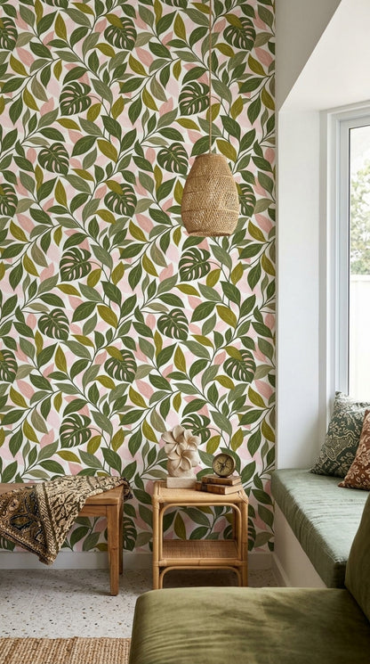Monstera Leaves Wallpaper White Background Shades Of Green