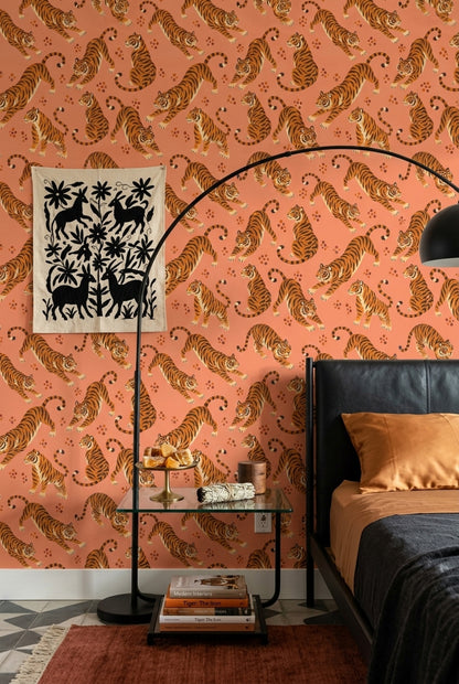 Tiger Wallpaper Illustrated Animal Print Coral Background
