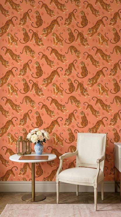 Tiger Wallpaper Illustrated Animal Print Coral Background