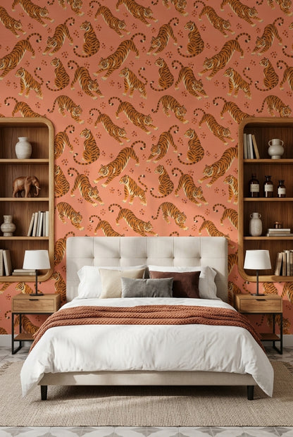 Tiger Wallpaper Illustrated Animal Print Coral Background