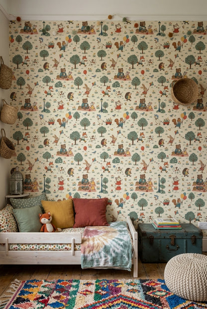Woodland Animals Wallpaper Muted Green Park Scene
