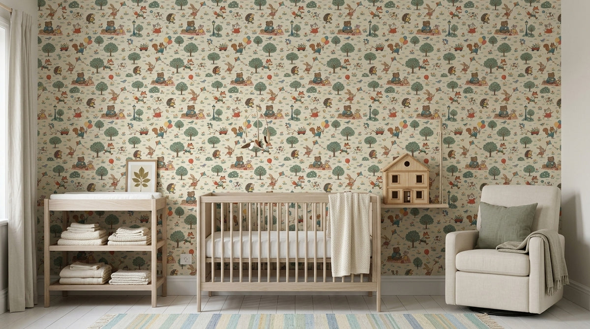 Woodland Animals Wallpaper Muted Green Park Scene