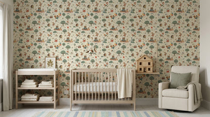 Woodland Animals Wallpaper Muted Green Park Scene