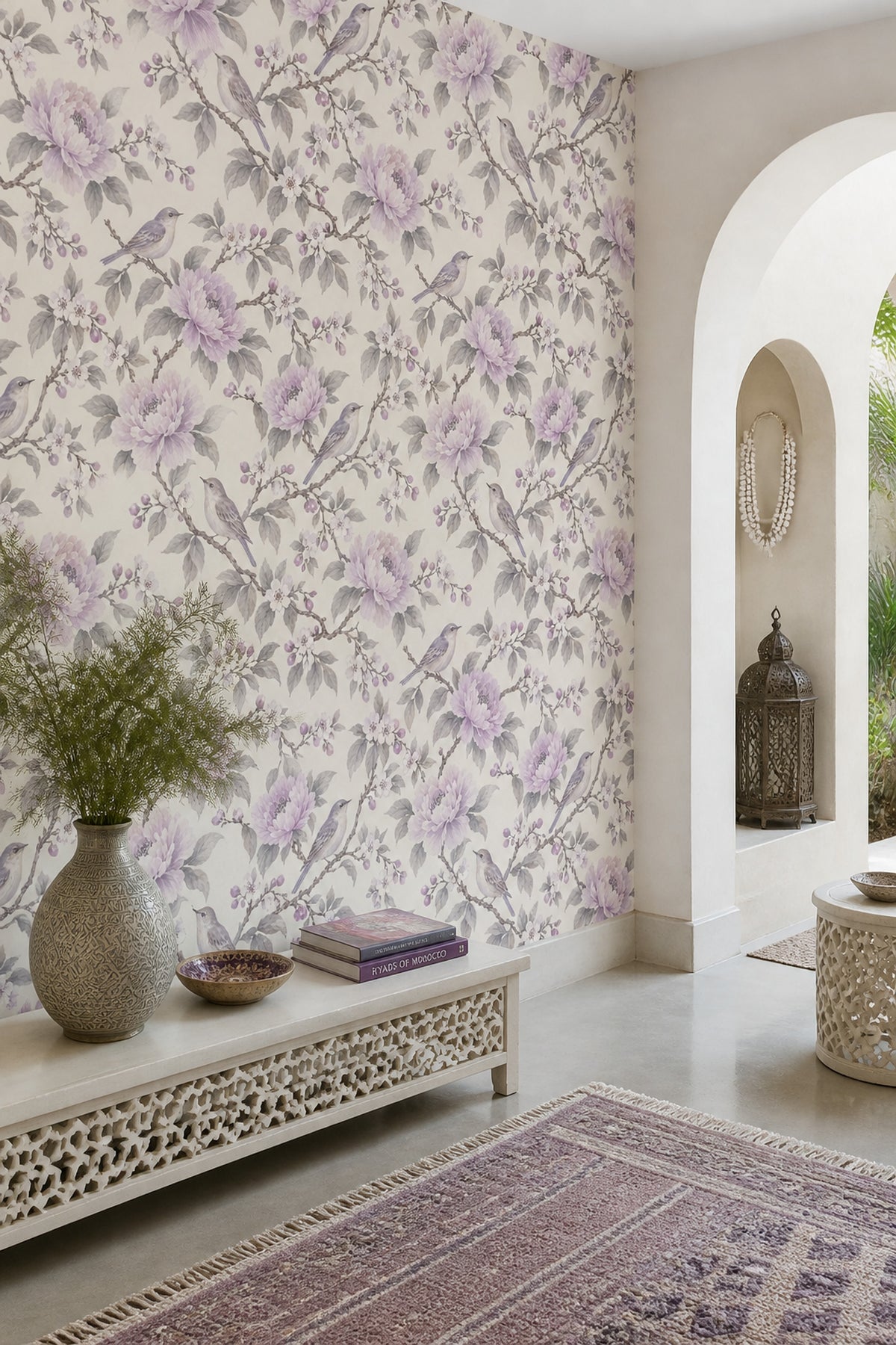 Peony And Bird Wallpaper Watercolor Chinoiserie On White Background