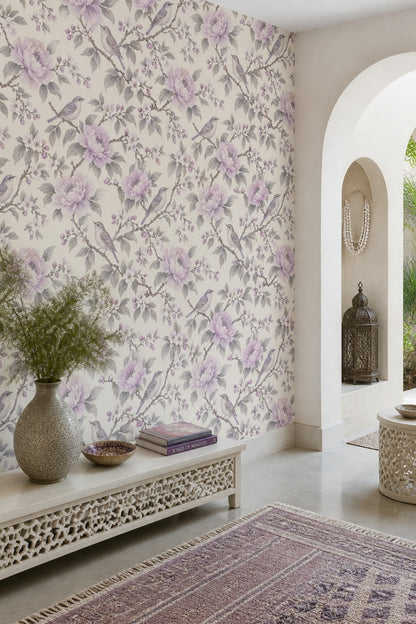 Peony And Bird Wallpaper Watercolor Chinoiserie On White Background