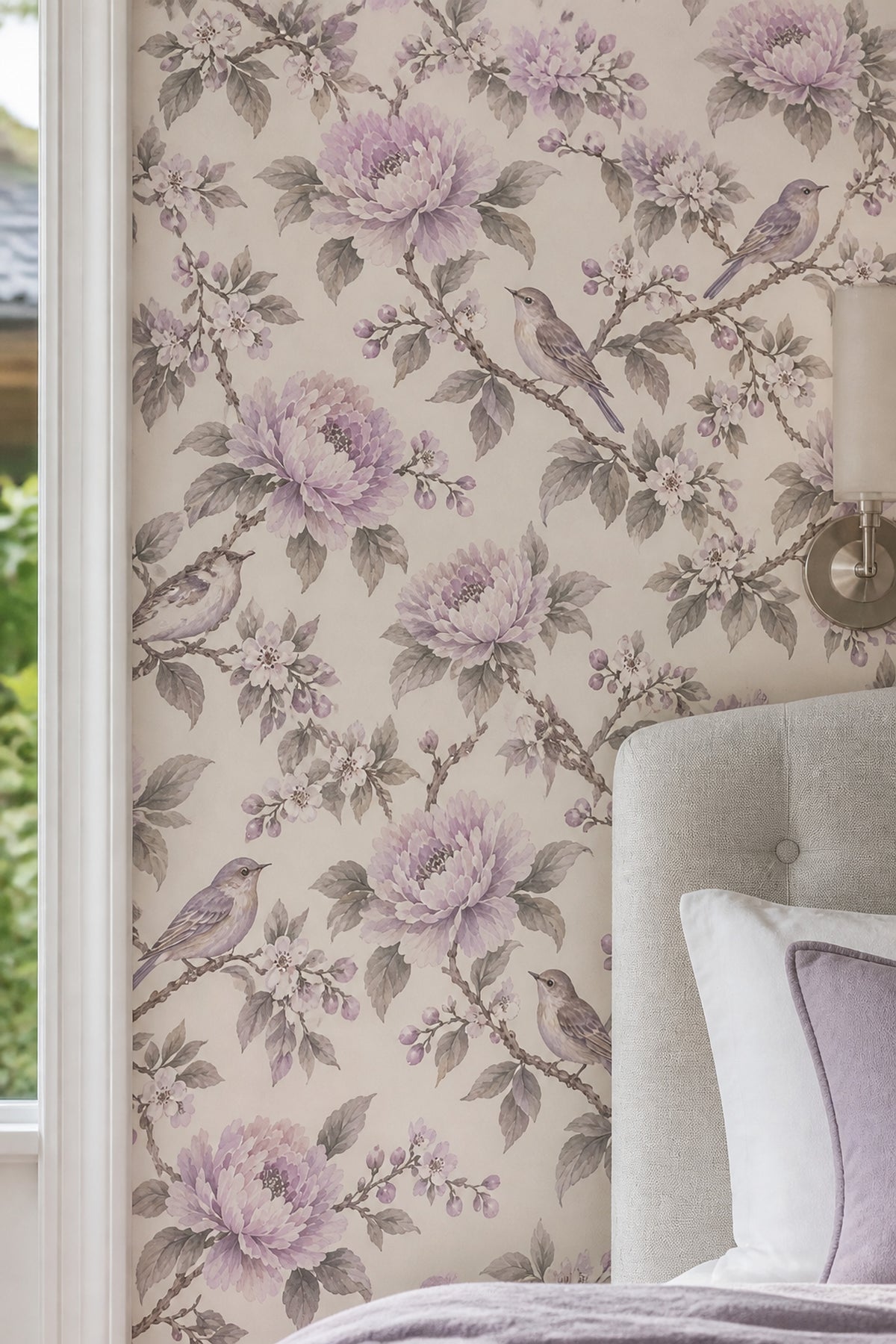 Peony And Bird Wallpaper Watercolor Chinoiserie On White Background