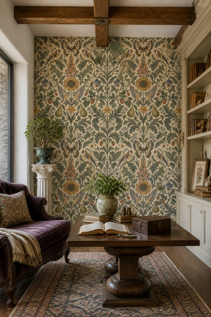 Birds And Butterfly Wallpaper Symmetrical Vintage Garden Sage Green