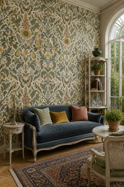 Birds And Butterfly Wallpaper Symmetrical Vintage Garden Sage Green