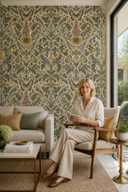 Birds And Butterfly Wallpaper Symmetrical Vintage Garden Sage Green