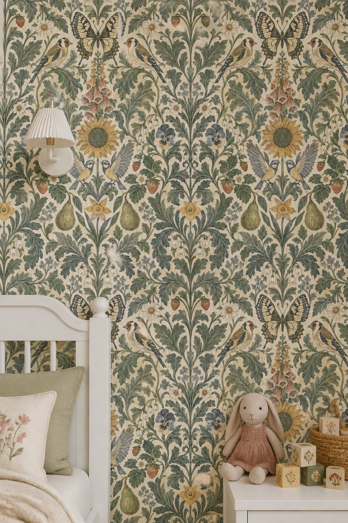 Birds And Butterfly Wallpaper Symmetrical Vintage Garden Sage Green