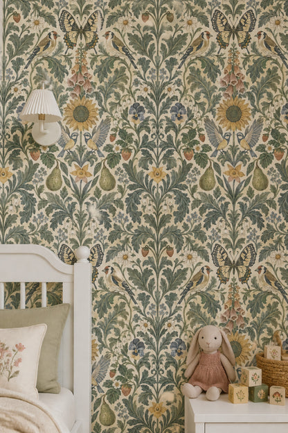 Birds And Butterfly Wallpaper Symmetrical Vintage Garden Sage Green