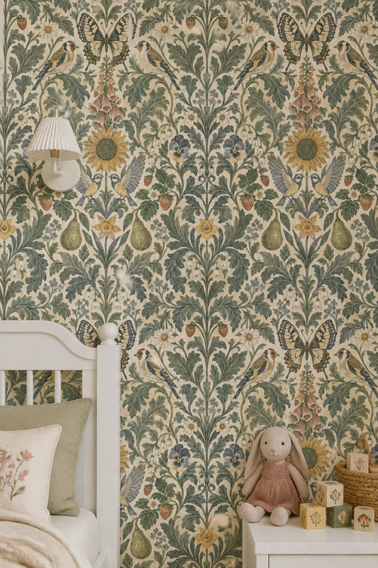 Birds And Butterfly Wallpaper Symmetrical Vintage Garden Sage Green
