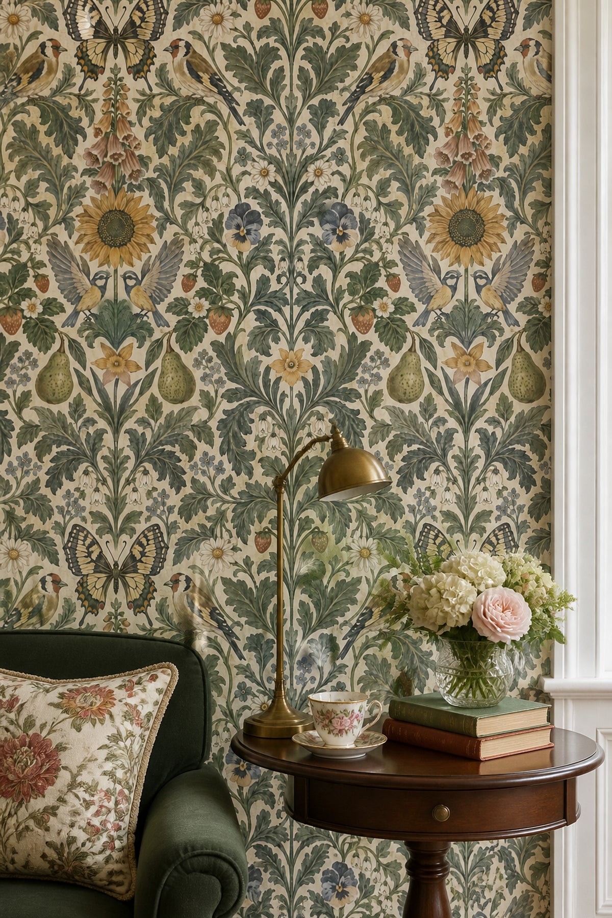 Birds And Butterfly Wallpaper Symmetrical Vintage Garden Sage Green