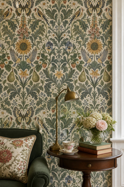 Birds And Butterfly Wallpaper Symmetrical Vintage Garden Sage Green