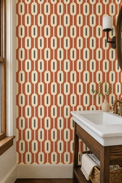 Chain Link Oval Wallpaper Terracotta Mid Century Modern Geometric