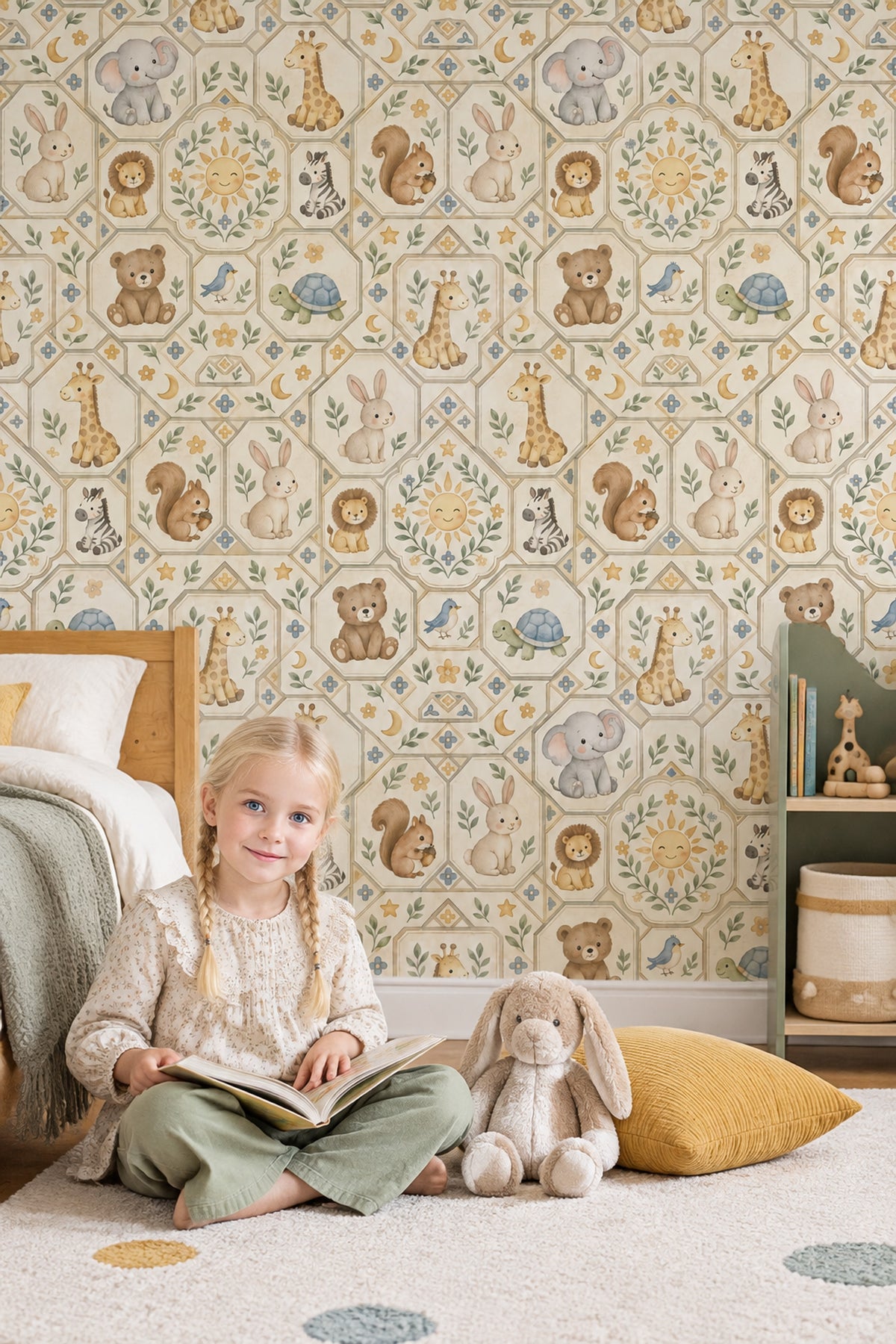 Nursery Animals Wallpaper Watercolor Geometric Tile On Cream Background