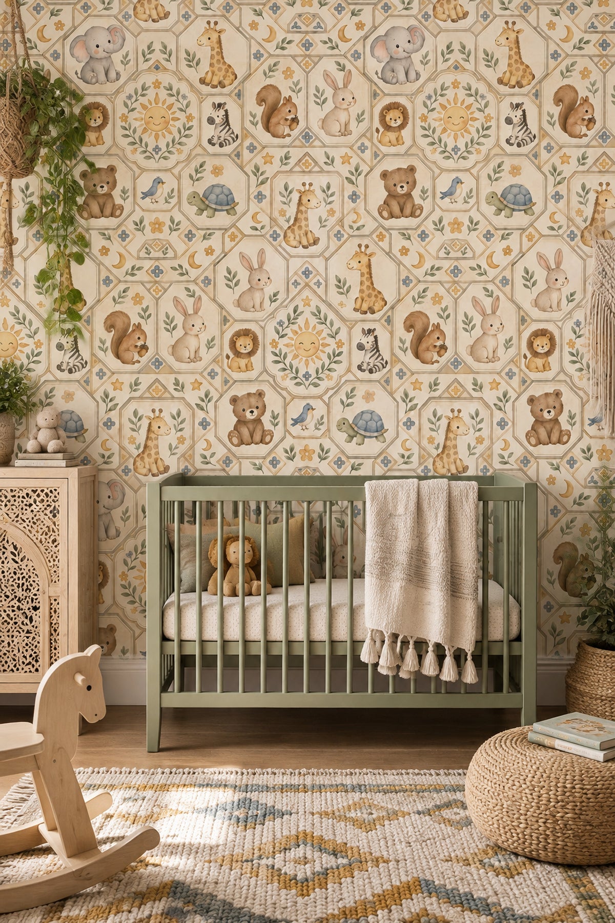 Nursery Animals Wallpaper Watercolor Geometric Tile On Cream Background