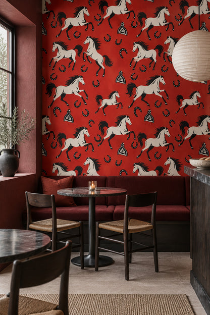 White Horse Wallpaper Vintage Western Red Background