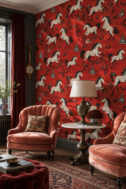 White Horse Wallpaper Vintage Western Red Background