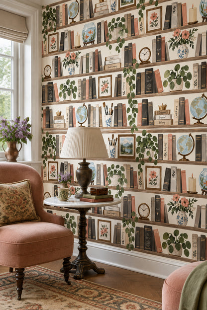 Bookshelf Wallpaper Watercolor Library Pattern Muted Green