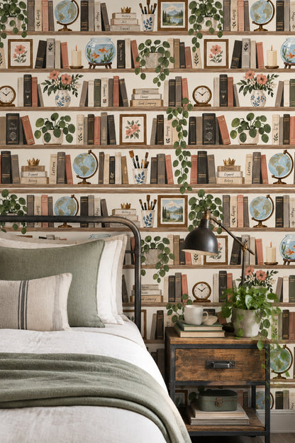 Bookshelf Wallpaper Watercolor Library Pattern Muted Green