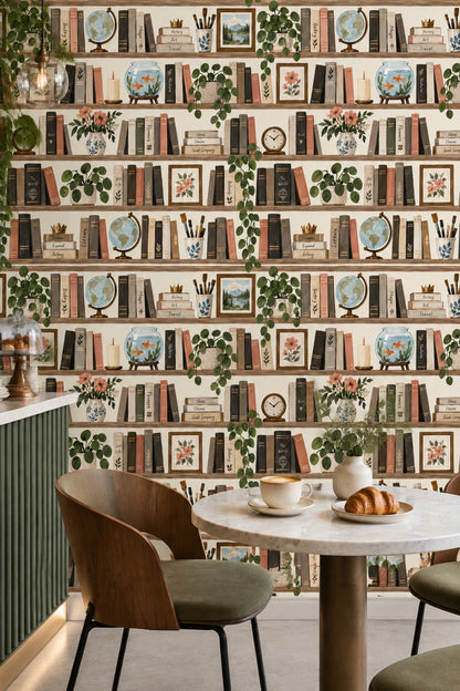 Bookshelf Wallpaper Watercolor Library Pattern Muted Green