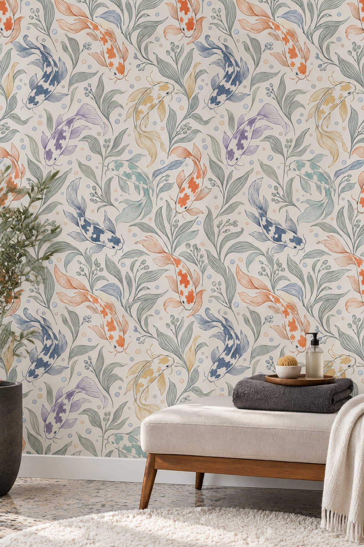 Koi Fish Wallpaper Aquatic Botanical On Ivory Background