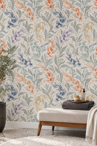 Koi Fish Wallpaper Aquatic Botanical On Ivory Background