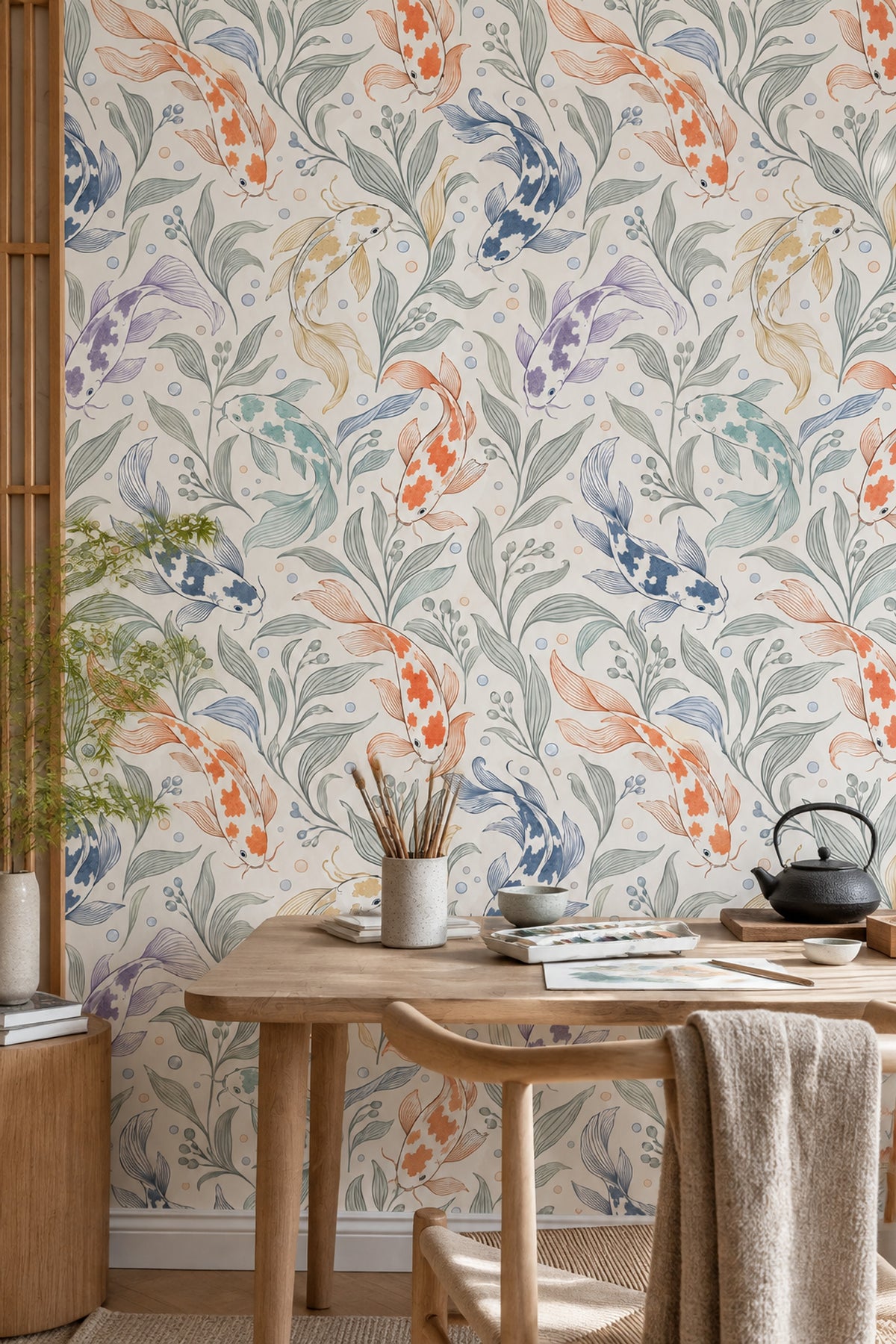Koi Fish Wallpaper Aquatic Botanical On Ivory Background