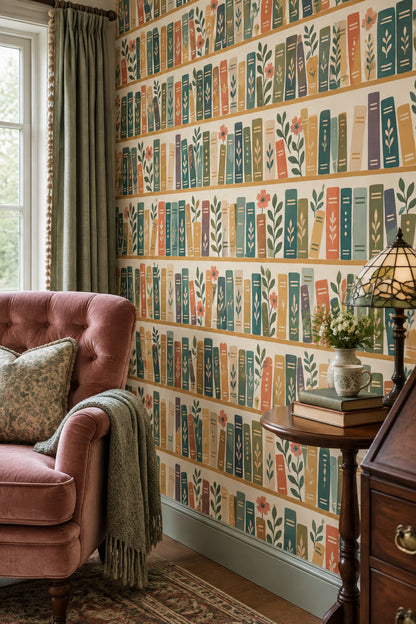 Bookshelf Wallpaper Whimsical Botanical Books On Cream Background
