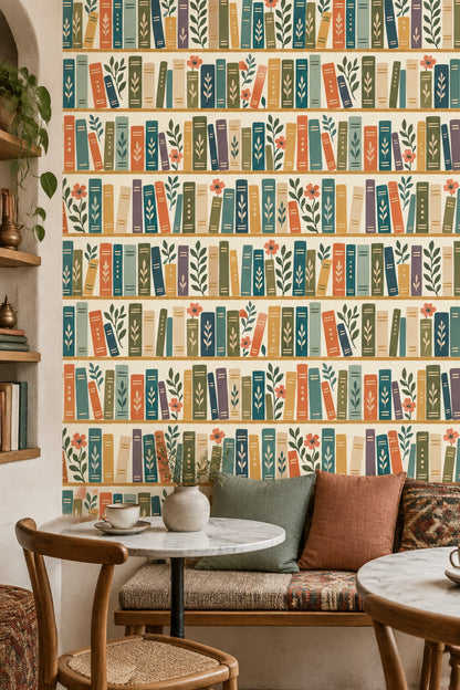 Bookshelf Wallpaper Whimsical Botanical Books On Cream Background