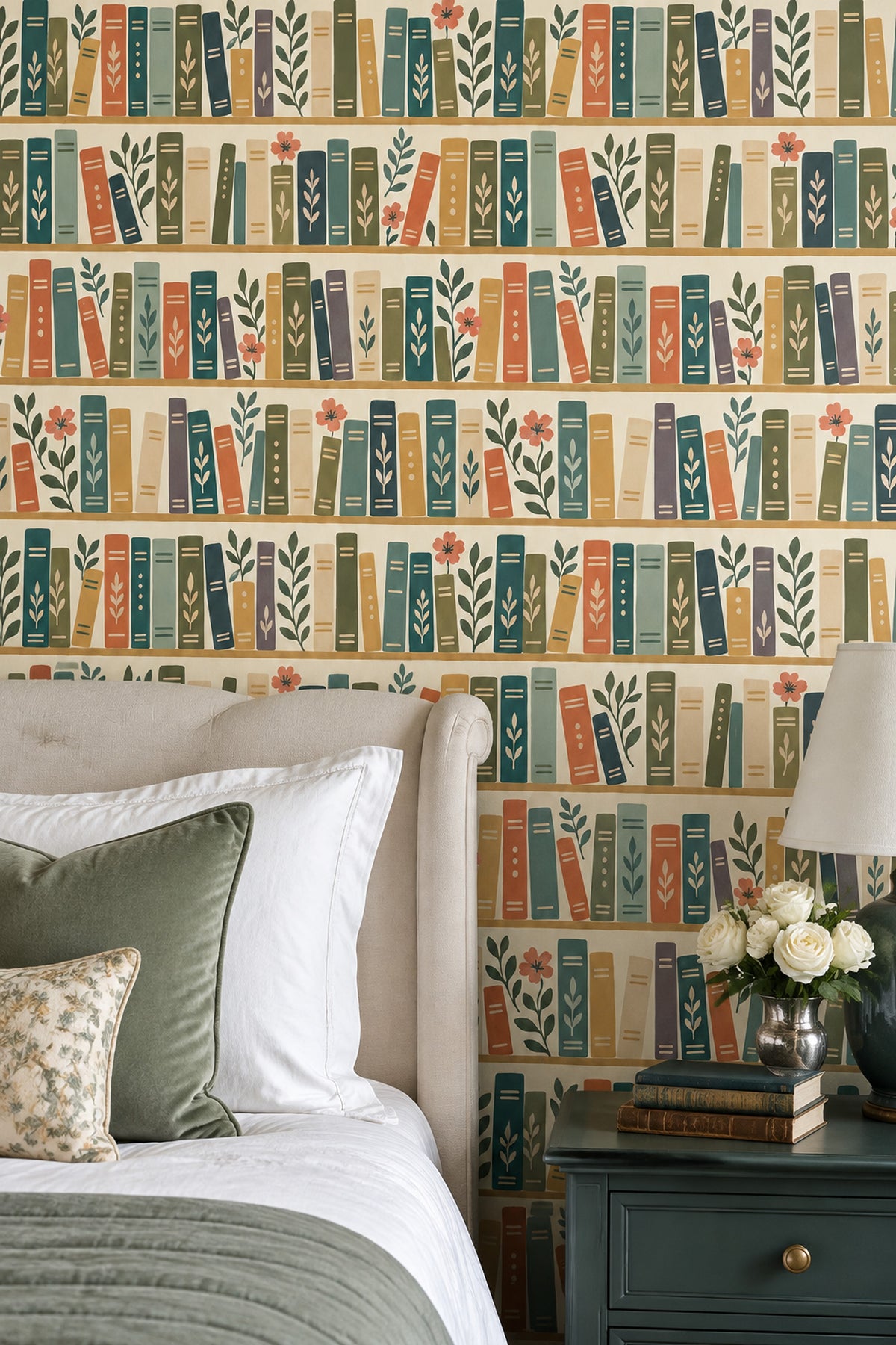 Bookshelf Wallpaper Whimsical Botanical Books On Cream Background
