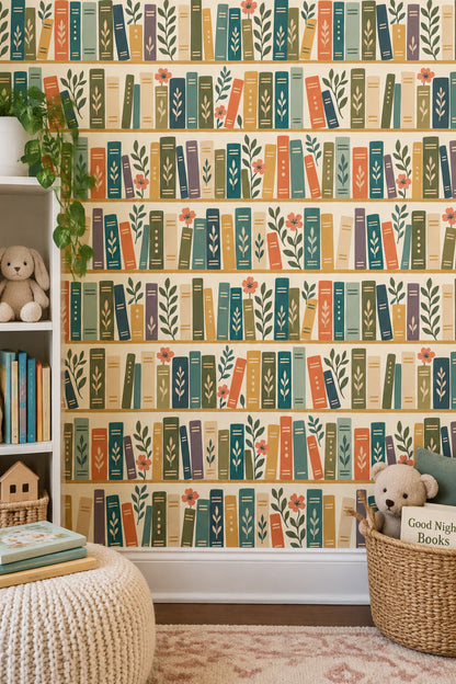 Bookshelf Wallpaper Whimsical Botanical Books On Cream Background