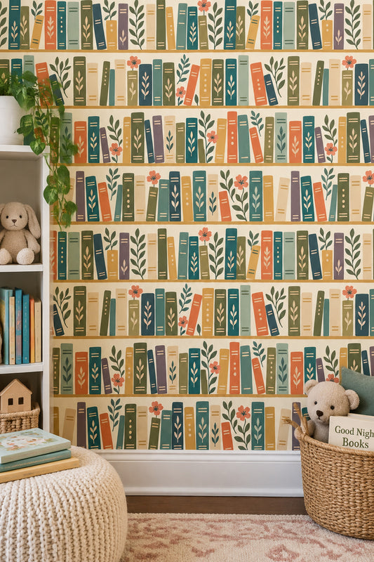 Bookshelf Wallpaper Whimsical Botanical Books On Cream Background