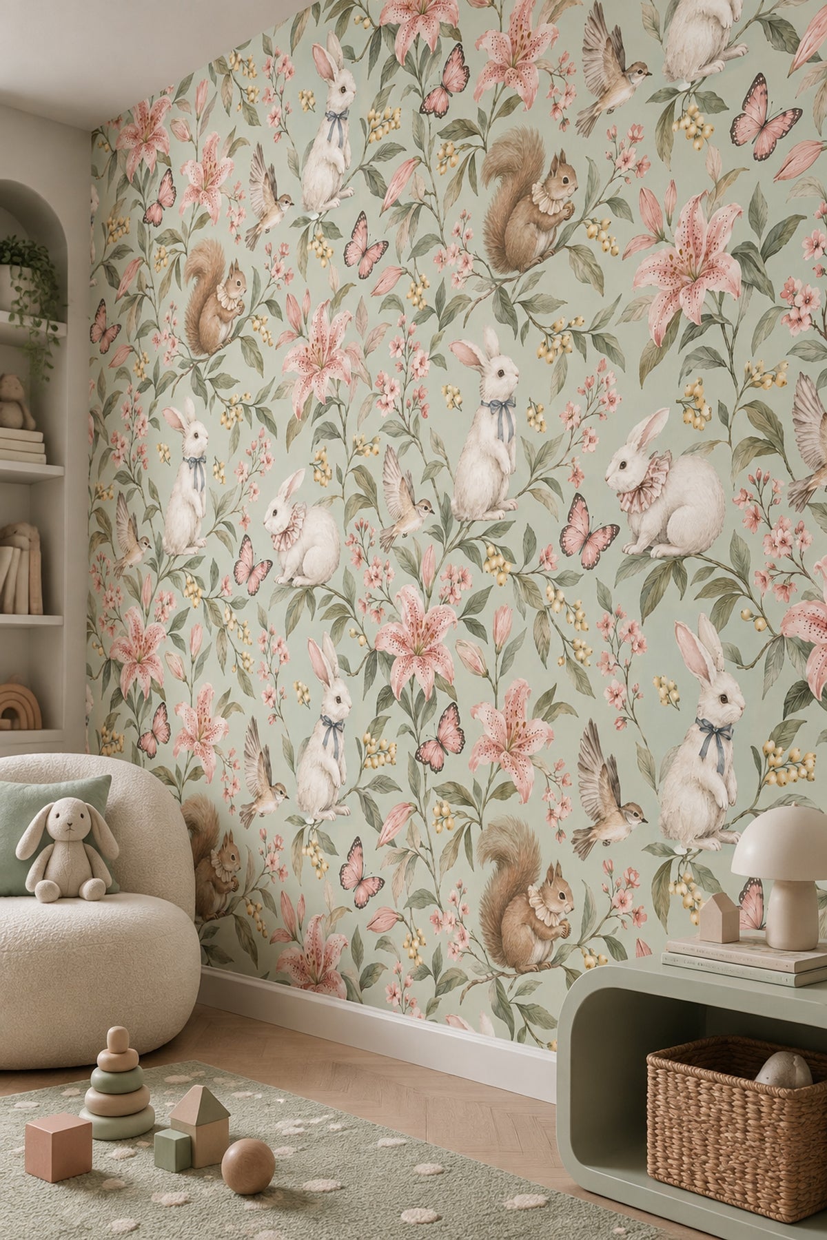 Woodland Rabbits Wallpaper Watercolor Sage Green