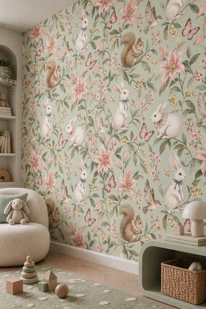 Woodland Rabbits Wallpaper Watercolor Sage Green