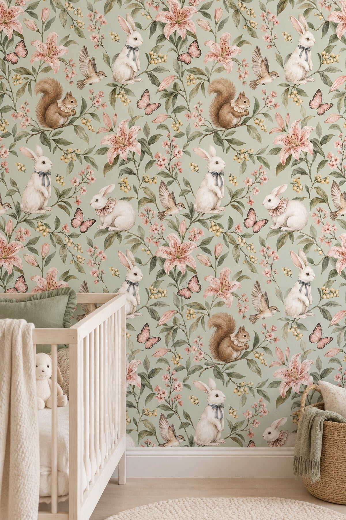 Woodland Rabbits Wallpaper Watercolor Sage Green