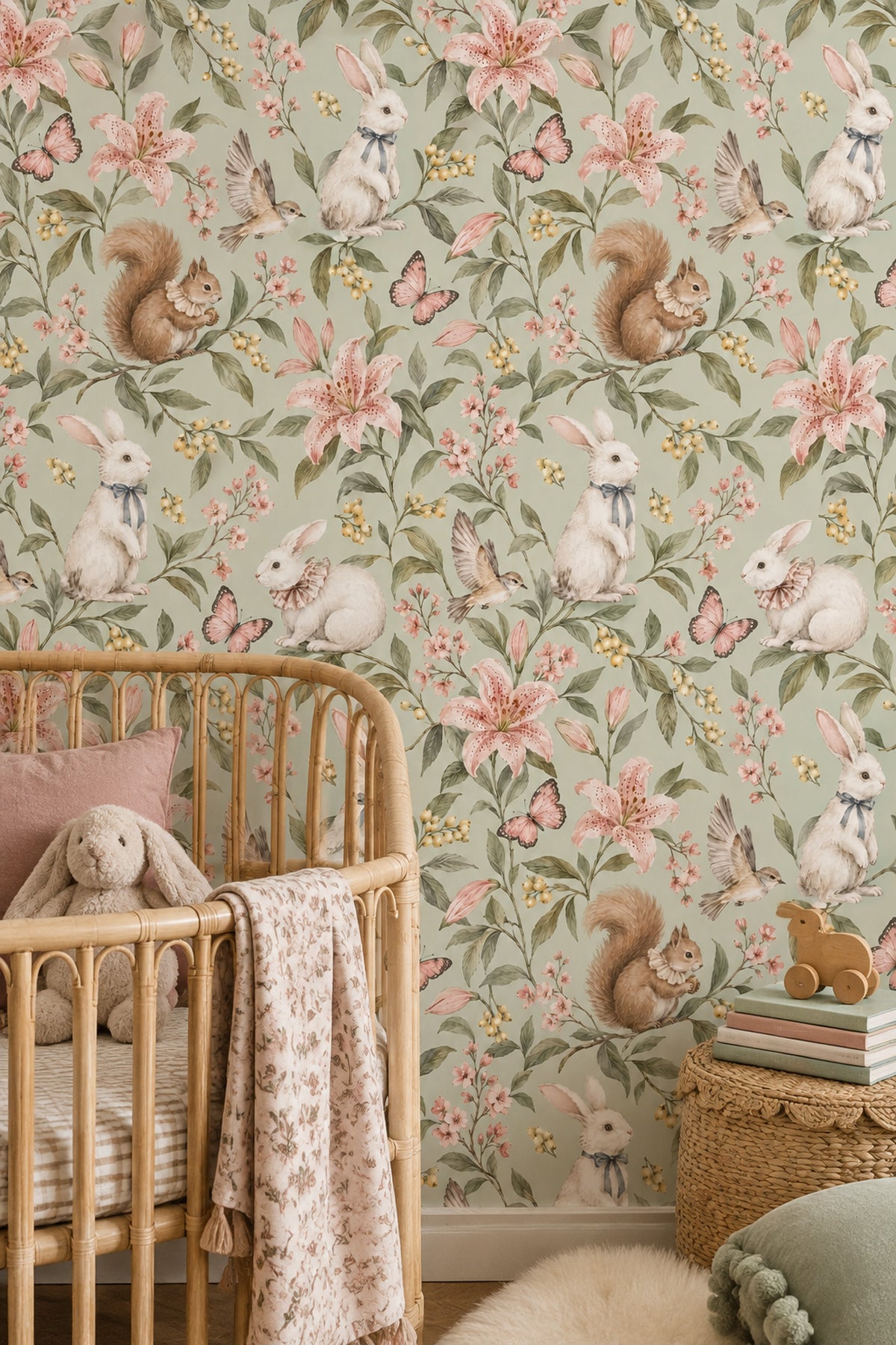 Woodland Rabbits Wallpaper Watercolor Sage Green