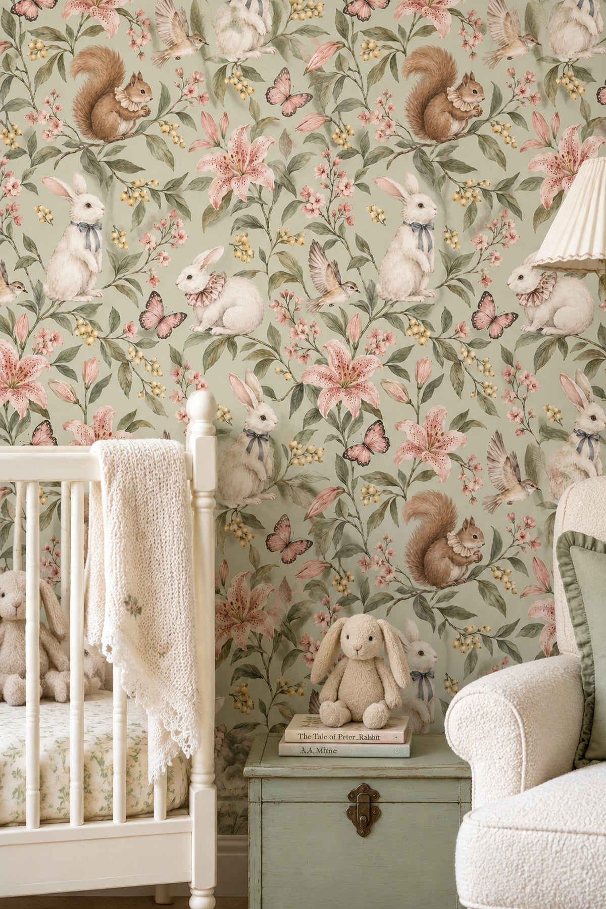 Woodland Rabbits Wallpaper Watercolor Sage Green