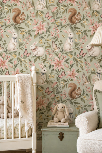 Woodland Rabbits Wallpaper Watercolor Sage Green