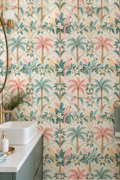 Parrots Wallpaper Pastel Tropical Cream Background