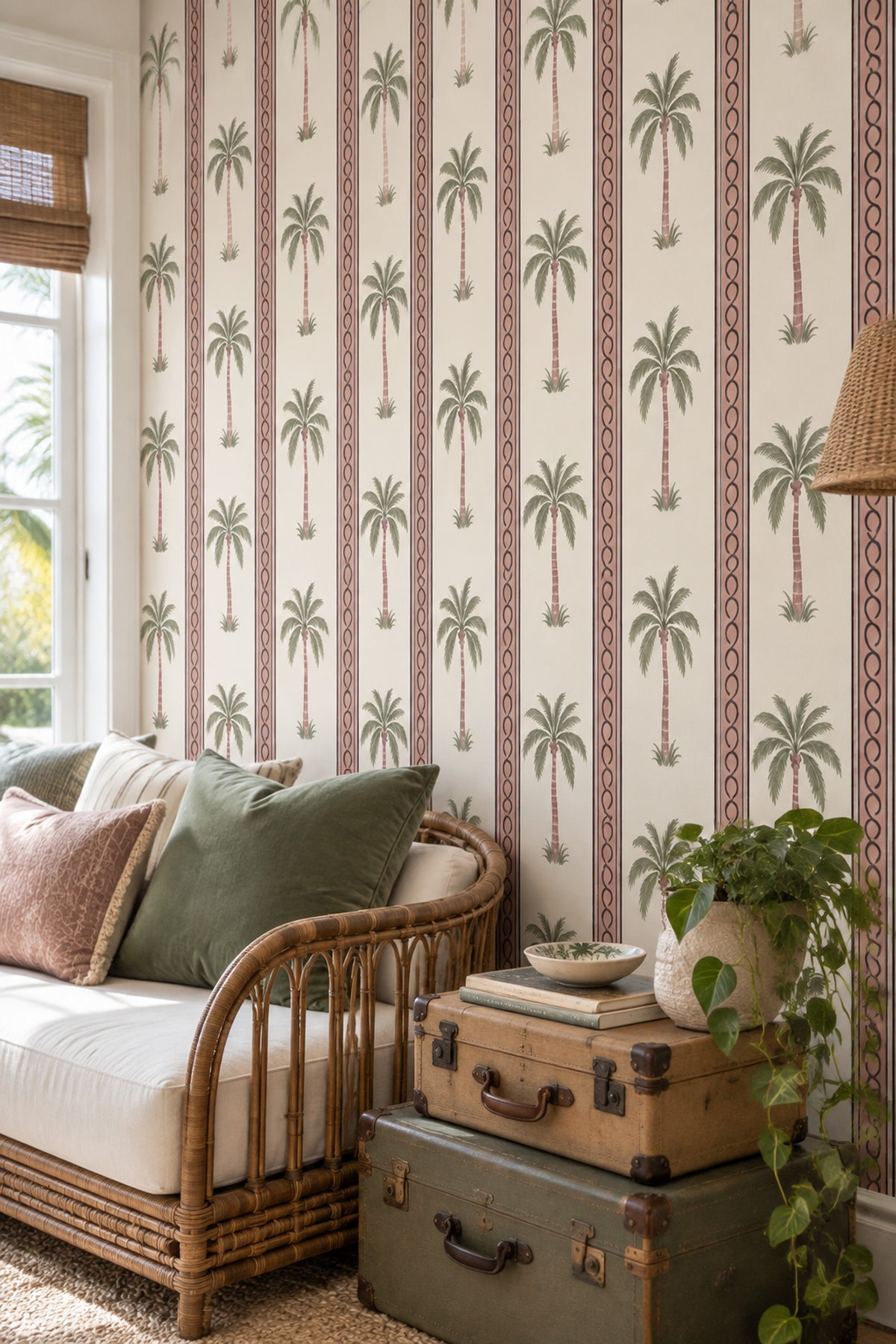 Palm Trees Wallpaper Striped Cream Background