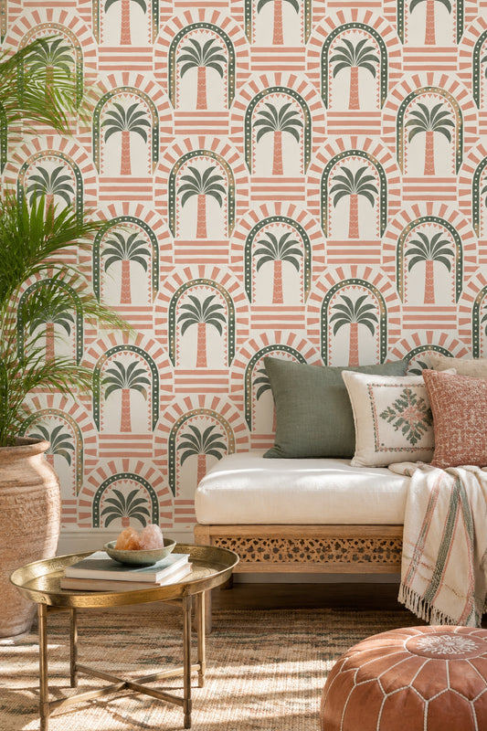 Palm Trees Wallpaper Arched Geometric Pattern In Coral Pink And Sage Green