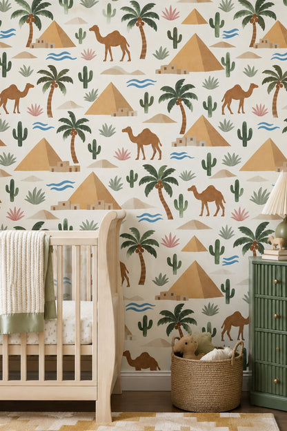 Egyptian Desert Wallpaper Pyramids Camels Pattern