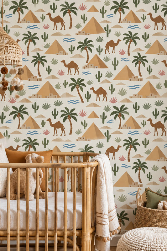 Egyptian Desert Wallpaper Pyramids Camels Pattern