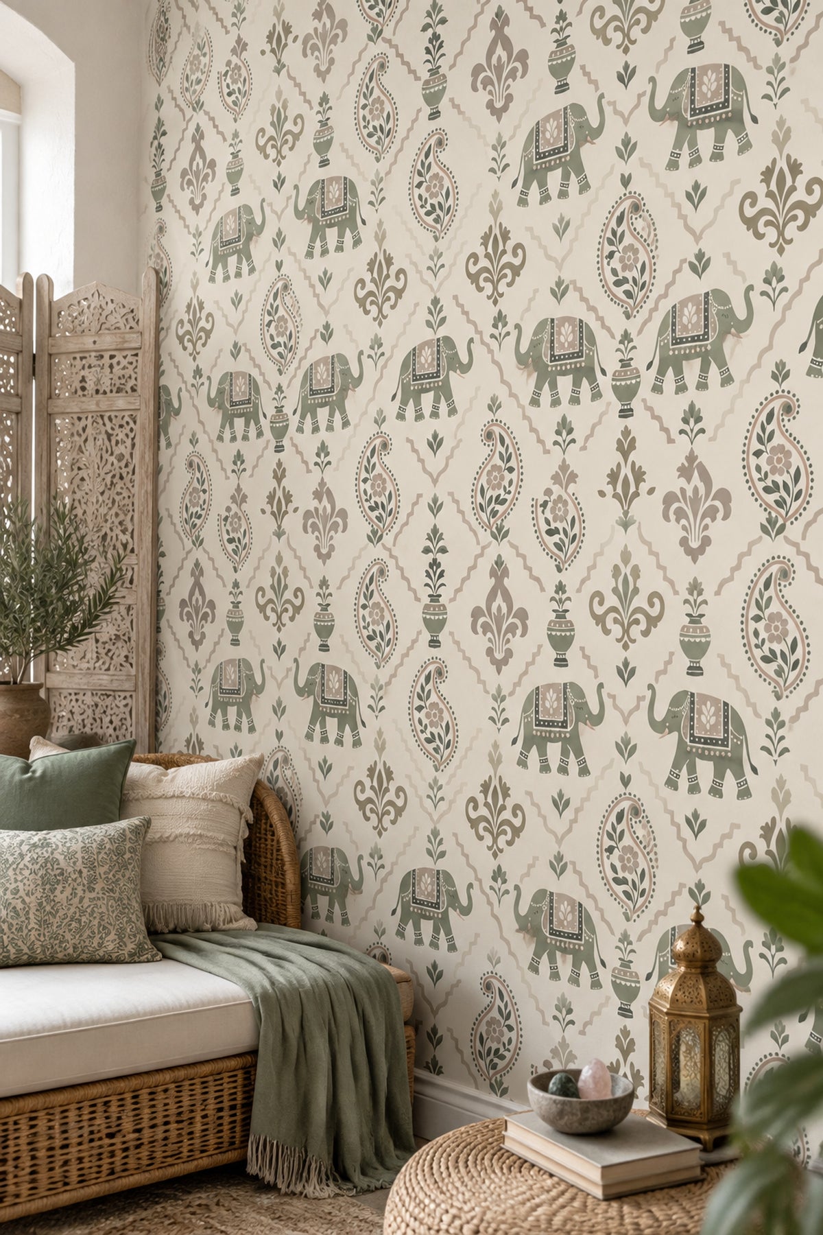 Elephants Wallpaper Paisley Floral Pattern Sage Green Ivory Background